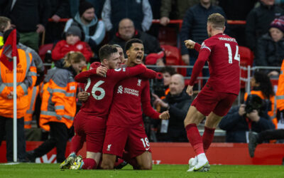 Liverpool's Cody Gakpo celebrates after scoring the opening goal during the FA Premier League match between Liverpool FC and Manchester United FC at Anfield
