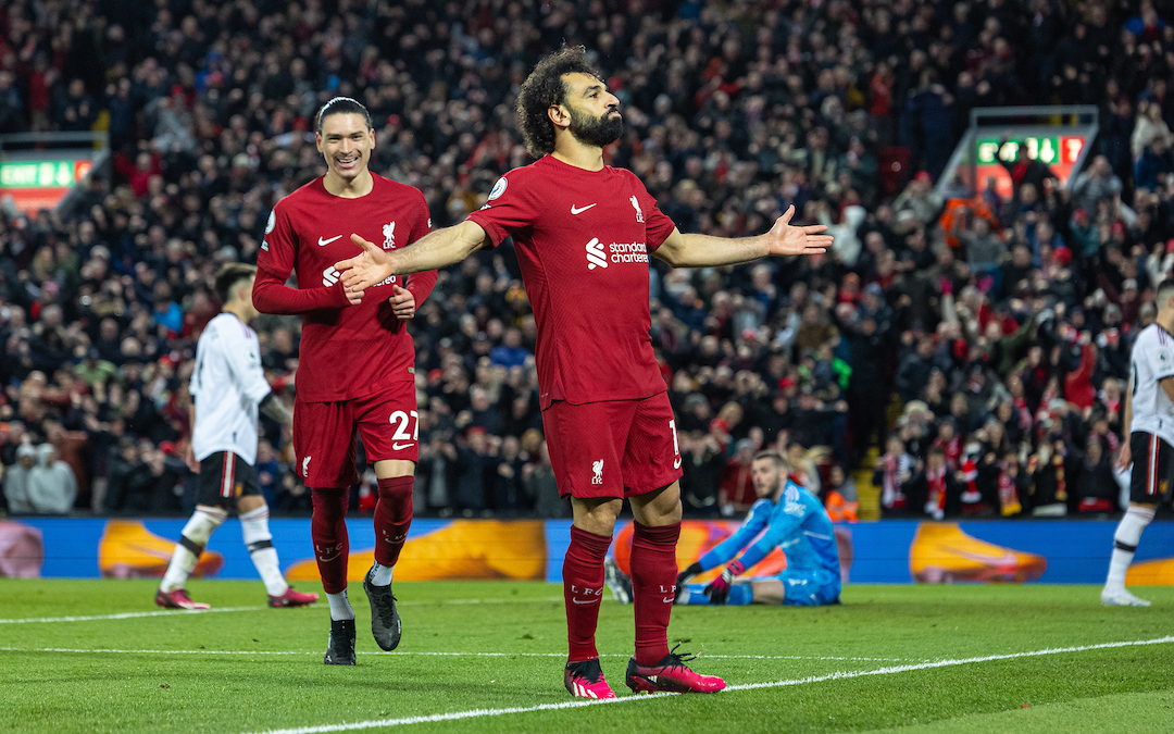 Liverpool's Mohamed Salah celebrates after scoring the fourth goal during the FA Premier League match between Liverpool FC and Manchester United FC at Anfield