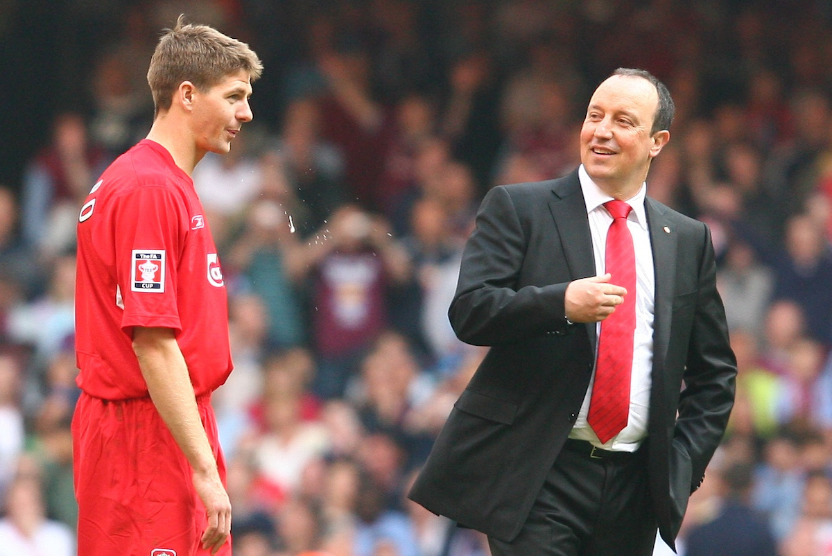 Liverpool's Steven Gerrard and manager Rafael Benitez celebrate winning the FA Cup after a penalties victory over West Ham United during the FA Cup Final at the Millennium Stadium