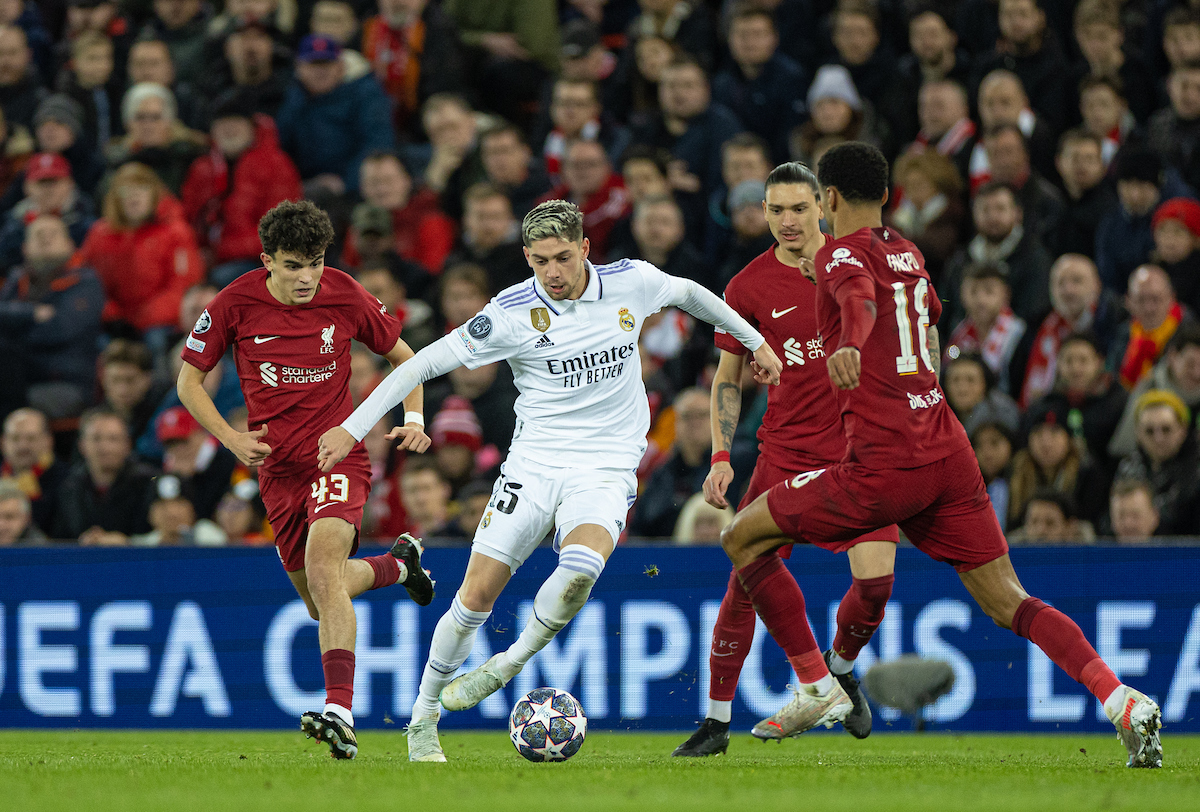 Real Madrid's Federico Valverde during the UEFA Champions League Round of 16 1st Leg game between Liverpool FC and Real Madrid at Anfield