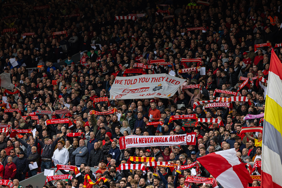 Liverpool supporters on the Spion Kop sing "You'll Never Walk Alone" before the FA Premier League match between Liverpool FC and Arsenal FC at Anfield
