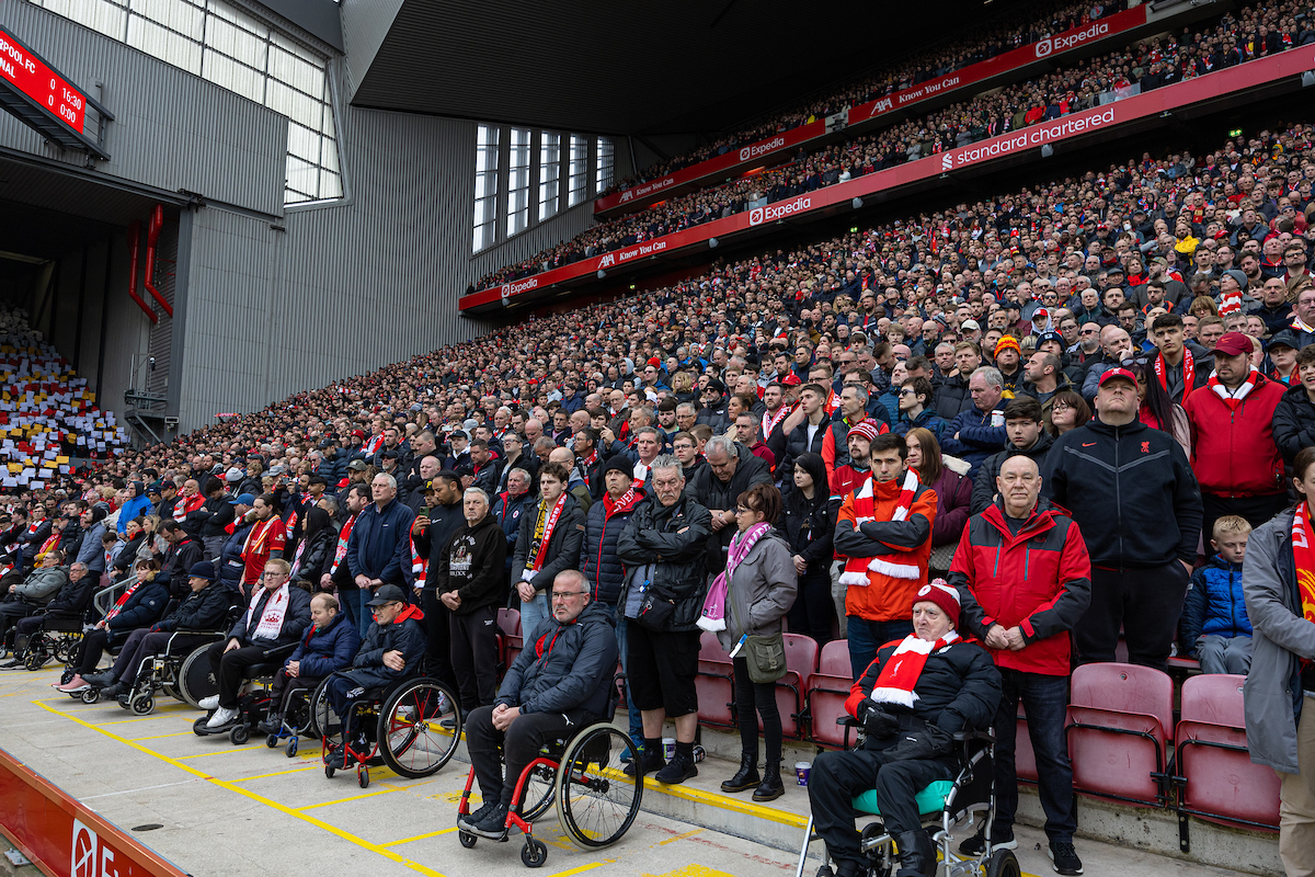 Supporters stand for a minute's silence to pay tribute and remember the 97 victims of the Hillsborough Stadium Disaster, as the 34th anniversary approaches of the tragedy that occurred on 15th April 1989, during the FA Premier League match between Liverpool FC and Arsenal FC at Anfield