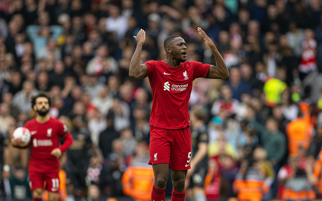 Liverpool's Ibrahima Konaté celebrates his side's first goal during the FA Premier League match between Liverpool FC and Arsenal FC at Anfield