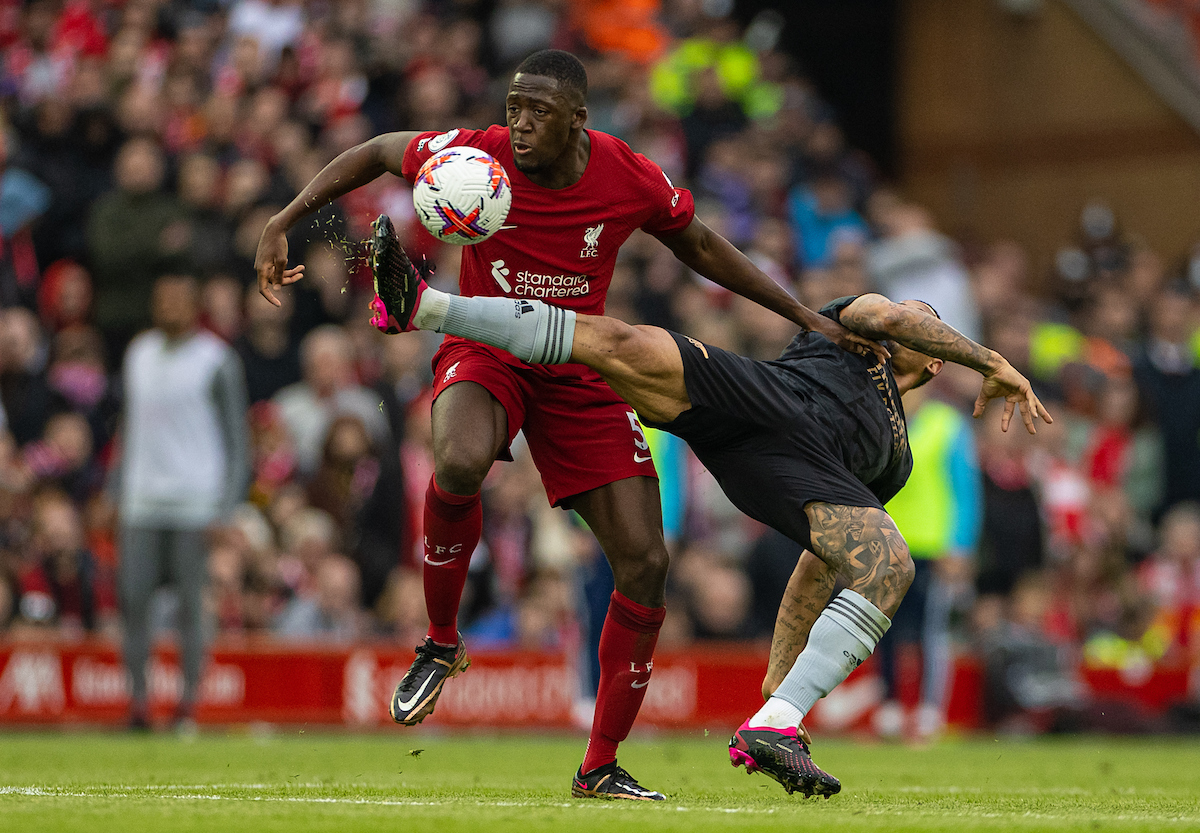 Liverpool's Ibrahima Konaté is challenged by Arsenal's Gabriel Jesus (R) during the FA Premier League match between Liverpool FC and Arsenal FC at Anfield