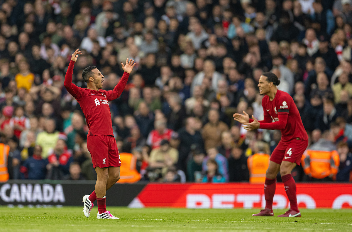 Liverpool's Thiago Alcântara celebrates his side's equalising goal during the FA Premier League match between Liverpool FC and Arsenal FC at Anfield