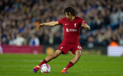 Liverpool's Trent Alexander-Arnold takes a free-kick during the FA Premier League match between Leeds United FC and Liverpool FC at Elland Road