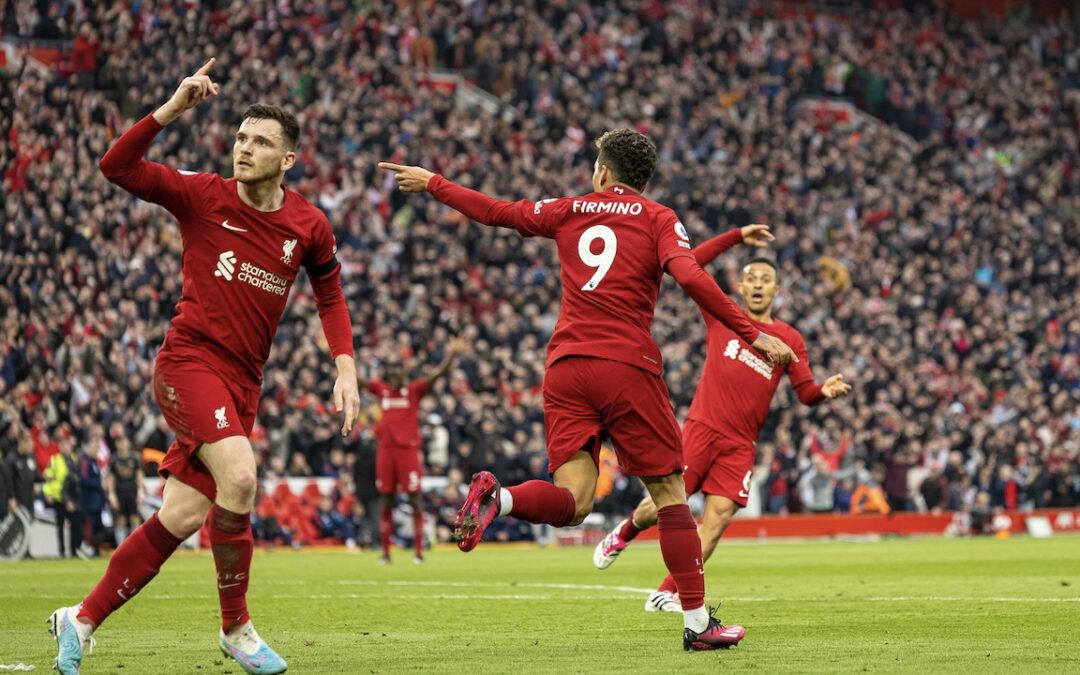 Liverpool's Roberto Firmino celebrates after scoring the second goal during the FA Premier League match between Liverpool FC and Arsenal FC at Anfield