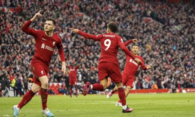 Liverpool's Roberto Firmino celebrates after scoring the second goal during the FA Premier League match between Liverpool FC and Arsenal FC at Anfield