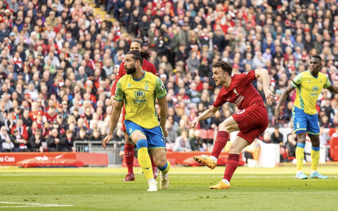 Liverpool's Diogo Jota scores the second goal during the FA Premier League match between Liverpool FC and Nottingham Forest FC at Anfield