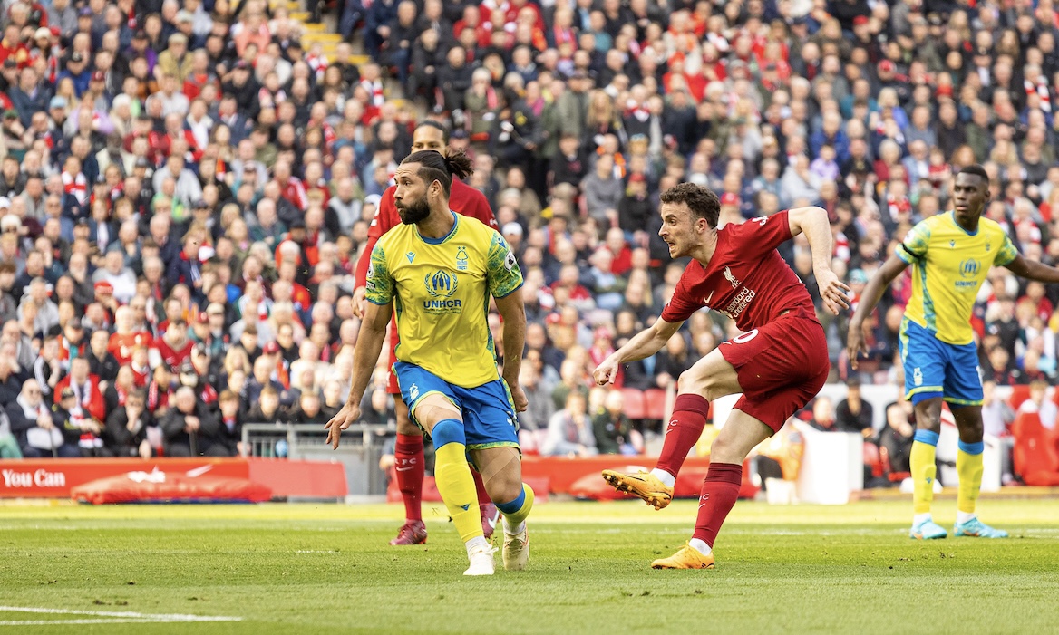 Liverpool's Diogo Jota scores the second goal during the FA Premier League match between Liverpool FC and Nottingham Forest FC at Anfield