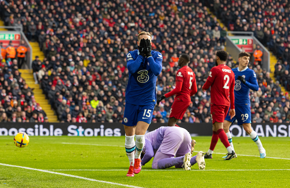 Chelsea's Mykhailo Mudryk looks dejected after missing a chance during the FA Premier League match between Liverpool FC and Chelsea FC at Anfield