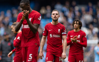 Liverpool's captain Jordan Henderson looks dejected after the FA Premier League match between Manchester City FC and Liverpool FC at the Etihad Stadium