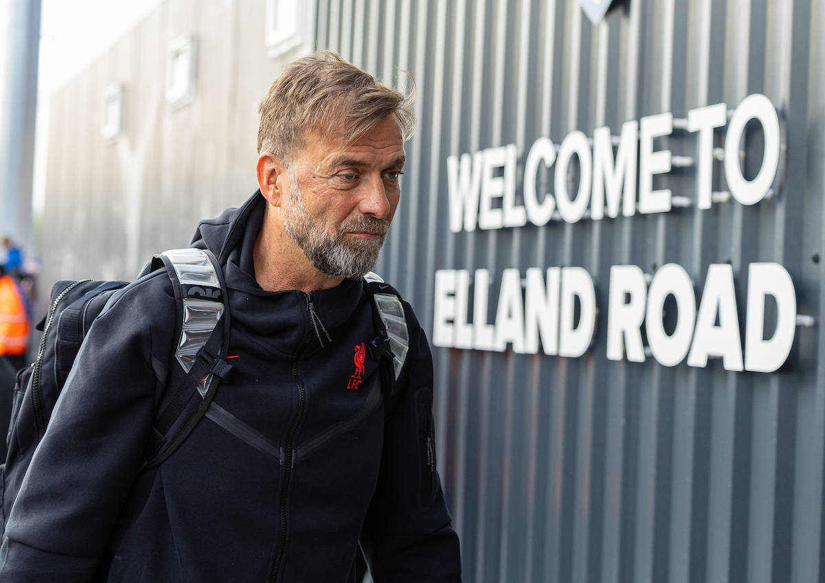 Liverpool's manager Jürgen Klopp arrives before the FA Premier League match between Leeds United FC and Liverpool FC at Elland Road