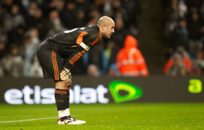 Liverpool's goalkeeper Jose Reina looks dejected after Manchester City score the third goal during the Premiership match at the City of Manchester Stadium