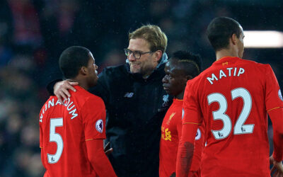 Liverpool's manager Jürgen Klopp embraces Georginio Wijnaldum and Sadio Mane after the FA Premier League match against Chelsea at Anfield