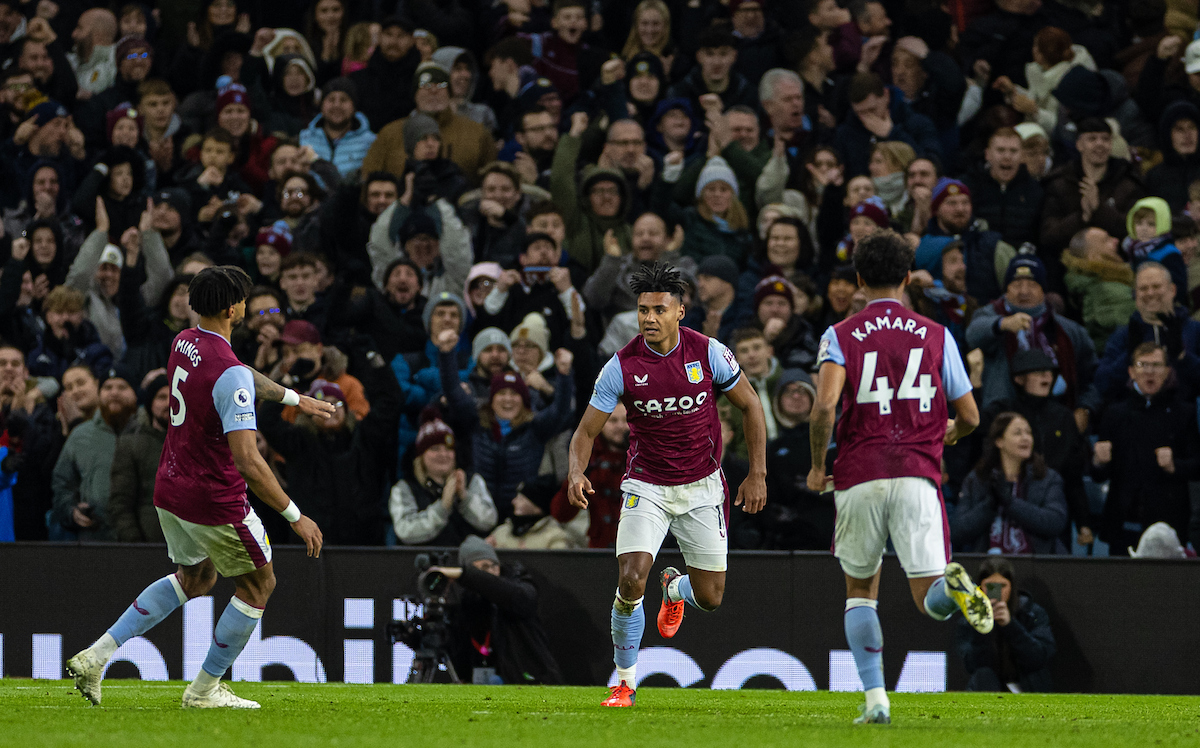 Aston Villa's Ollie Watkins celebrates scoring his side's only goal during the FA Premier League match between Aston Villa FC and Liverpool FC at Villa Park