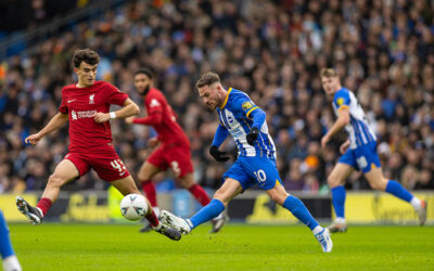 Brighton & Hove Albion's Alexis Mac Allister (R) and Liverpool's Stefan Bajcetic during the FA Cup 4th Round match between Brighton & Hove Albion FC and Liverpool FC at the Falmer Stadium