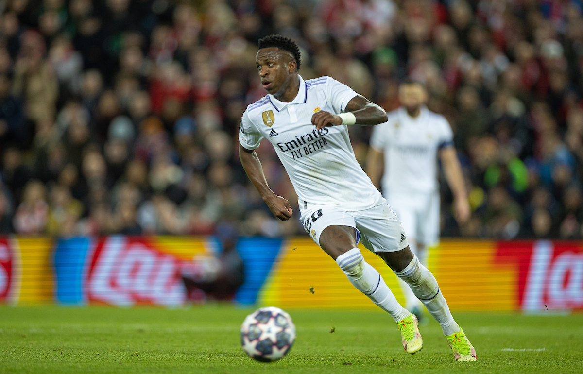 Real Madrid's Vinícius Júnior during the UEFA Champions League Round of 16 1st Leg game between Liverpool FC and Real Madrid at Anfield