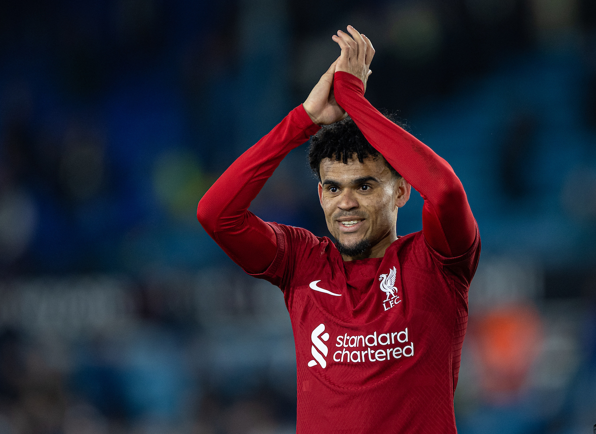 Liverpool's Luis Díaz celebrates after the FA Premier League match between Leeds United FC and Liverpool FC at Elland Road
