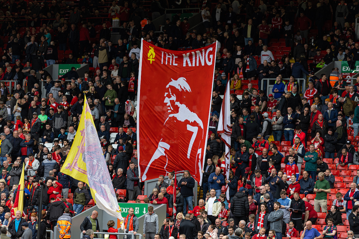 Liverpool supporters' banner on the Spion Kop "The King" featuring an image of former player and manger Sir Kenny Dalglish during the FA Premier League match between Liverpool FC and Brentford FC at Anfield