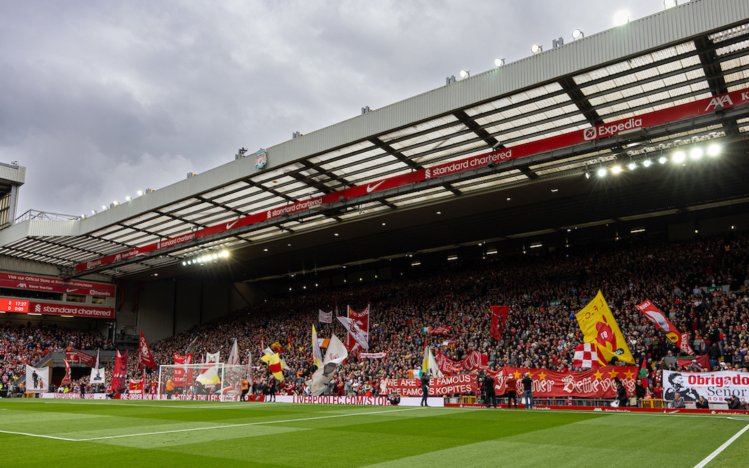 Liverpool supporters on the Spion Kop before the FA Premier League match between Liverpool FC and Brentford FC at Anfield