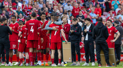 Liverpool's James Milner is embraced by manager Jürgen Klopp as he is given a guard of honour after the FA Premier League match between Liverpool FC and Aston Villa FC at Anfield