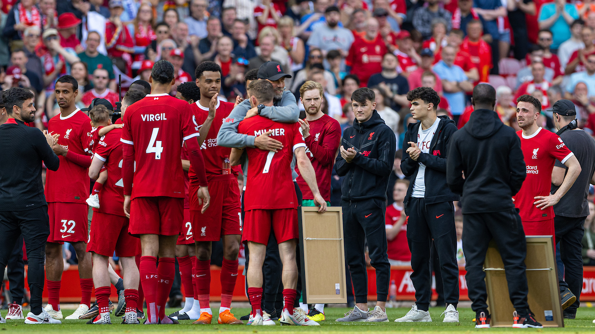 Liverpool's James Milner is embraced by manager Jürgen Klopp as he is given a guard of honour after the FA Premier League match between Liverpool FC and Aston Villa FC at Anfield