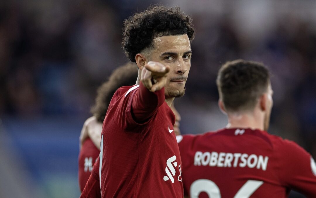 Liverpool's Curtis Jones celebrates after scoring the first goal during the FA Premier League match between Leicester City FC and Liverpool FC at the King Power Stadium