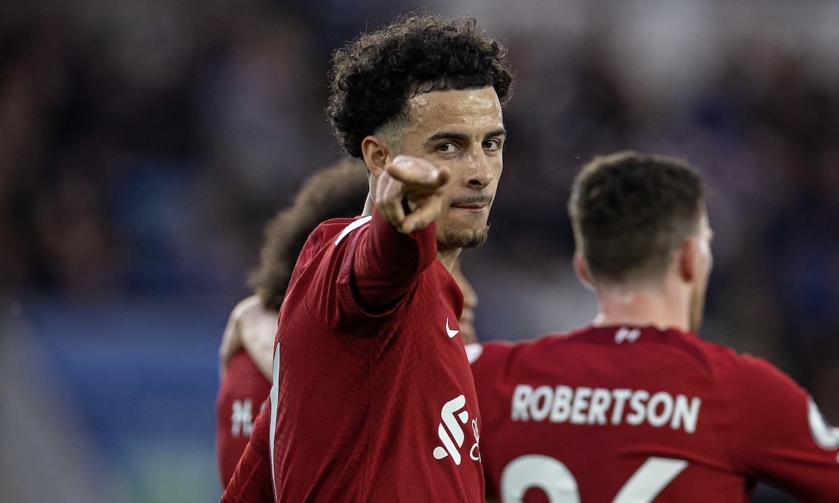Liverpool's Curtis Jones celebrates after scoring the first goal during the FA Premier League match between Leicester City FC and Liverpool FC at the King Power Stadium