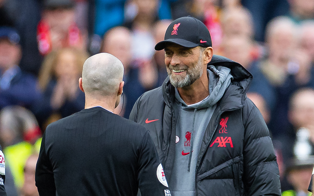 Liverpool's manager Jürgen Klopp speaks with referee Paul Tierney after the FA Premier League match between Liverpool FC and Tottenham Hotspur FC at Anfield