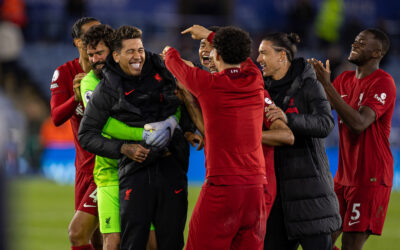 Liverpool's Roberto Firmino celebrates with team-mates after the FA Premier League match between Leicester City FC and Liverpool FC at the King Power Stadium