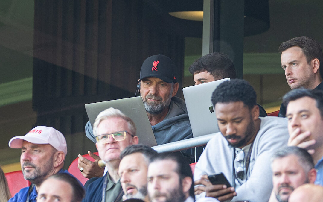 Liverpool's manager Jürgen Klopp, watching from the stands as he serves a one-match ban, during the FA Premier League match between Liverpool FC and Aston Villa FC at Anfield