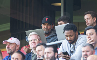 Liverpool's manager Jürgen Klopp, watching from the stands as he serves a one-match ban, during the FA Premier League match between Liverpool FC and Aston Villa FC at Anfield
