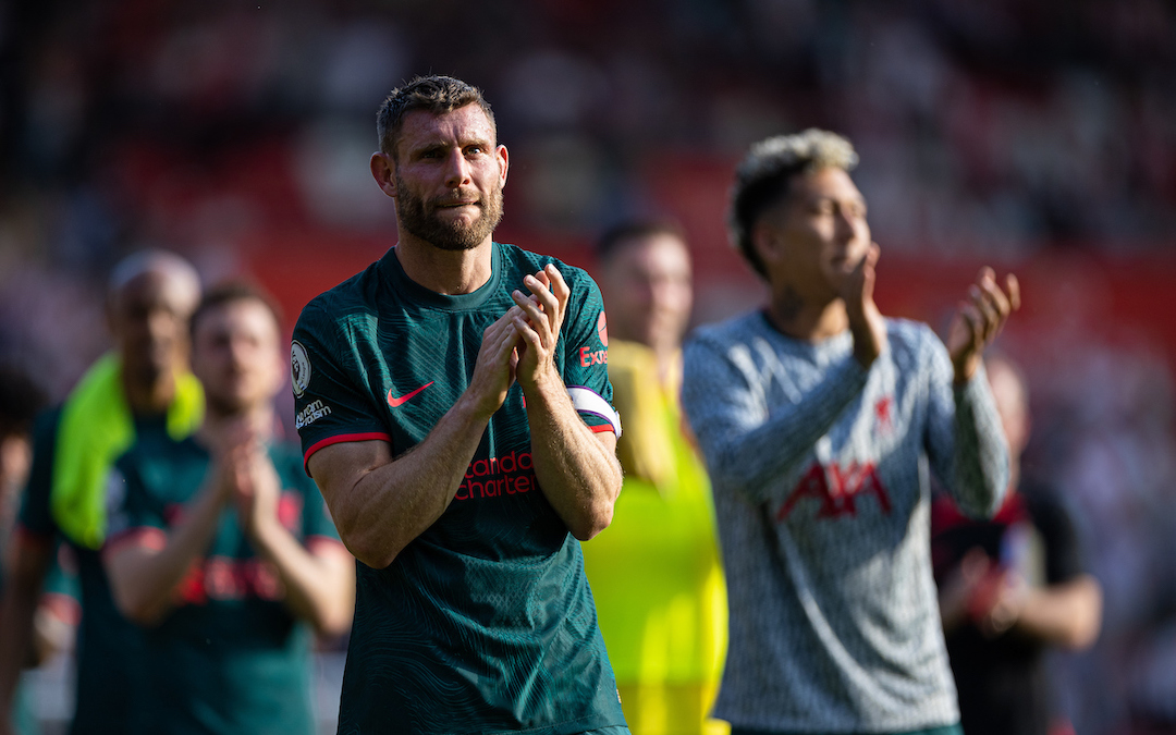 Liverpool's James Milner applauds the travelling supporters after playing his final game for the club during the FA Premier League match between Southampton FC and Liverpool FC at St Mary's Stadium