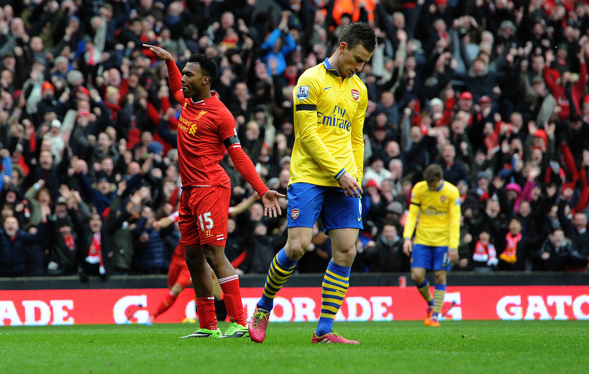 Liverpool's Daniel Sturridge celebrates scoring the fourth goal against Arsenal during the Premiership match at Anfield