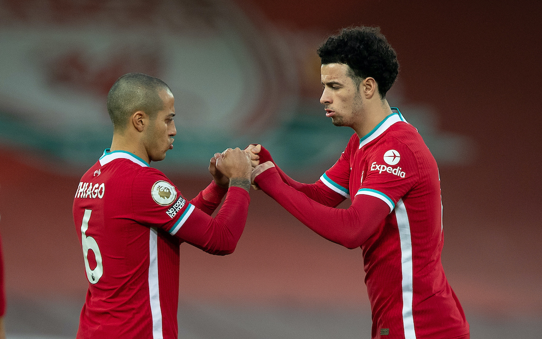 Liverpool's Thiago Alcantara (L) and Curtis Jones before the FA Premier League match between Liverpool FC and Everton FC, the 238th Merseyside Derby, at Anfield