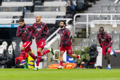 Roberto Firmino, Fabio Henrique Tavares 'Fabinho', Mohamed Salah and Sadio Mané during the pre-match warm-up before the FA Premier League match between Newcastle United FC and Liverpool FC at St. James’ Park
