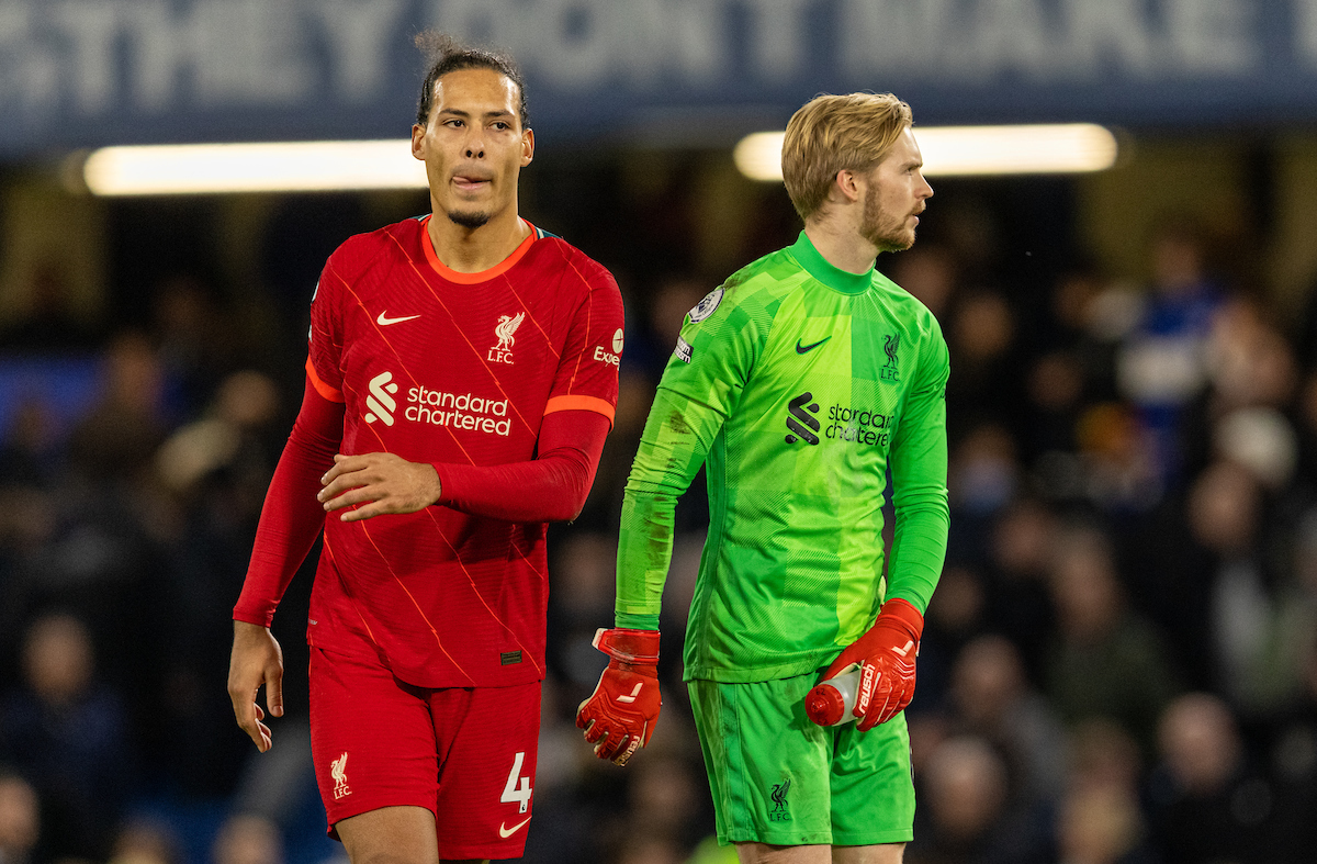 Liverpool's Virgil van Dijk (L) and goalkeeper Caoimhin Kelleher after the FA Premier League match between Chelsea FC and Liverpool FC at Stamford Bridge