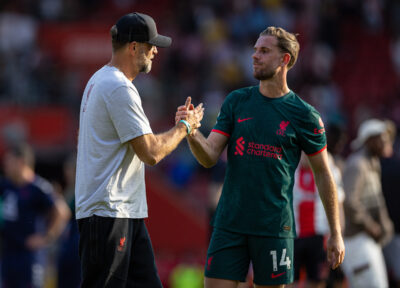 Liverpool's captain Jordan Henderson (R) and manager Jürgen Klopp after the FA Premier League match between Southampton FC and Liverpool FC at St Mary's Stadium